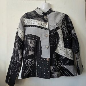Silk Abstract SIlver Gray Beaded/Sequin Jacket Vtg